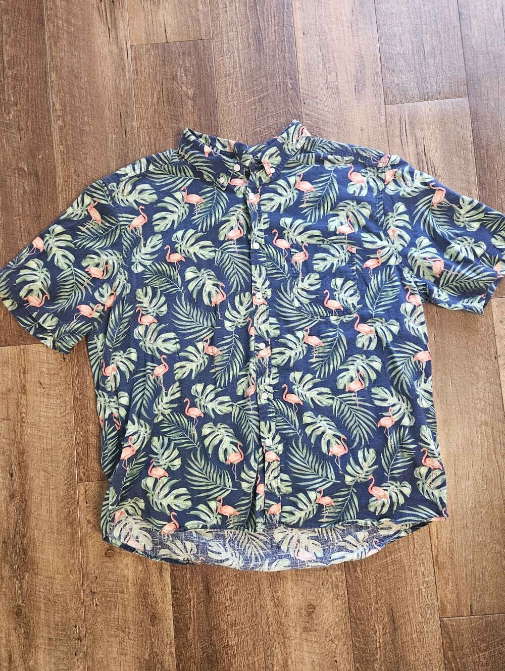 Falls Creek Navy Short-Sleeve Button-Up with Pink Flamingo Print
